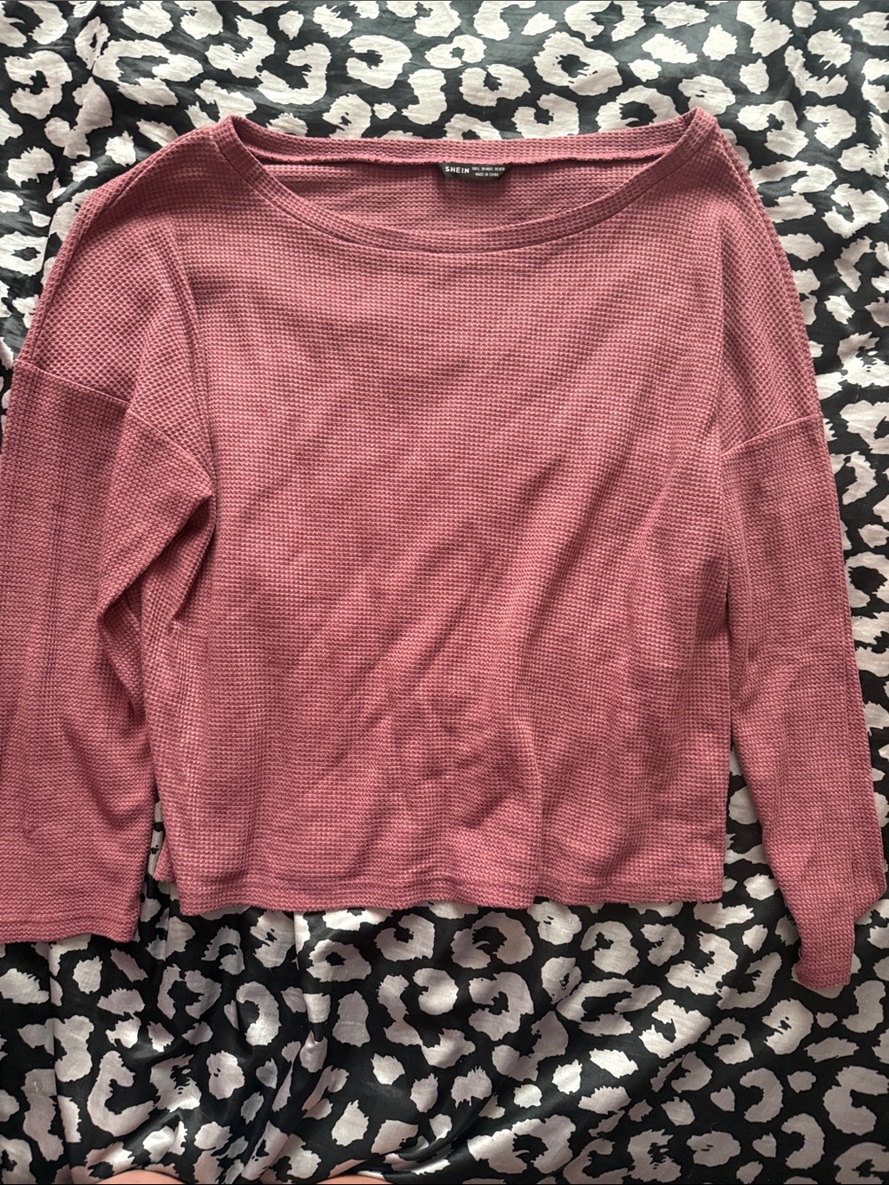 SHEIN Waffle Knit Long Sleeve Top - Dusty Rose